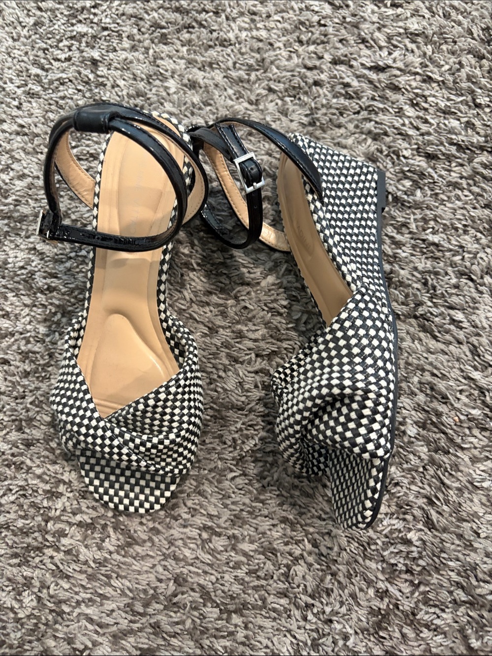 Adrienne Vittadini Black & White Woven Ankle-Strap Wedge Sandals